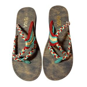 Plaka Oceanside Women Sandals Size 8 Red Turquoise Braided Woven Vegan NWOT